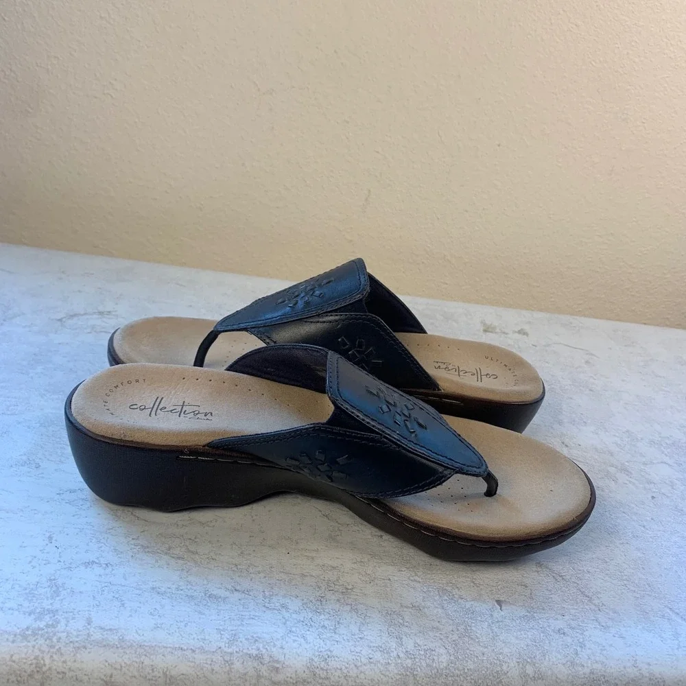 Clarks 8 Sandals Dark Gray Arla Glison Thong Wedge Comfort 261406874055